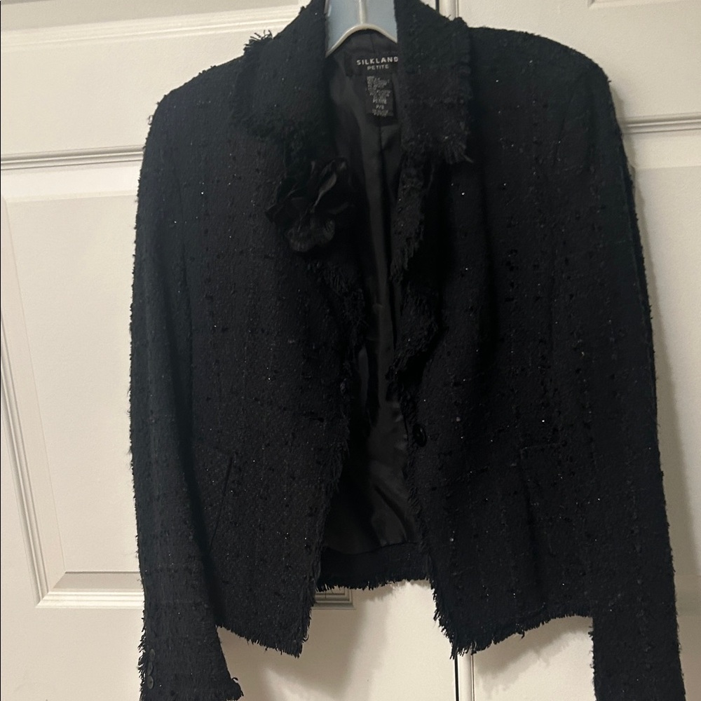 SilkLand Black Textured Blazer with Fringe